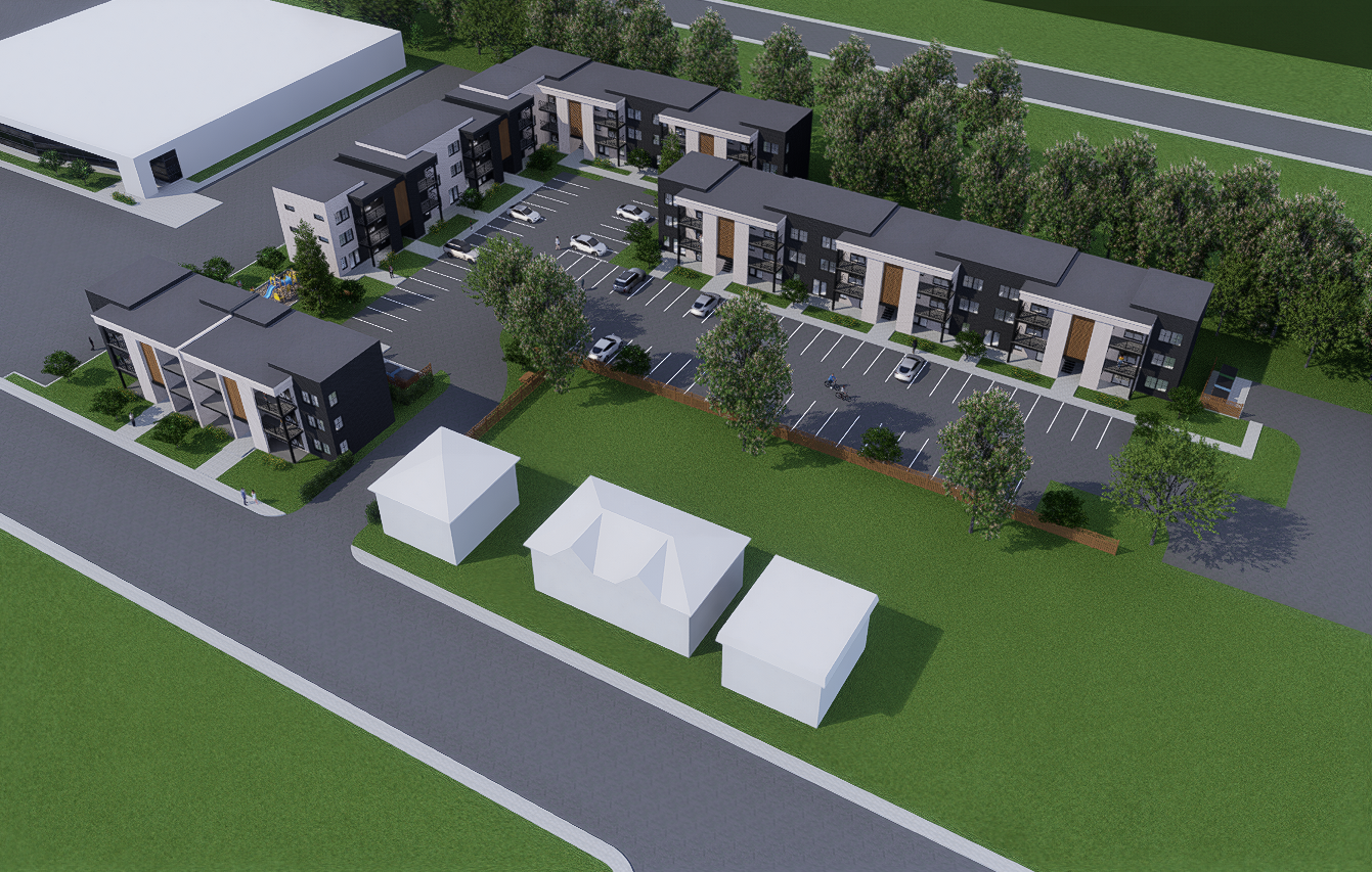 Vue aérienne complexe multilogements avec stationnement - implantation Nexus Québec