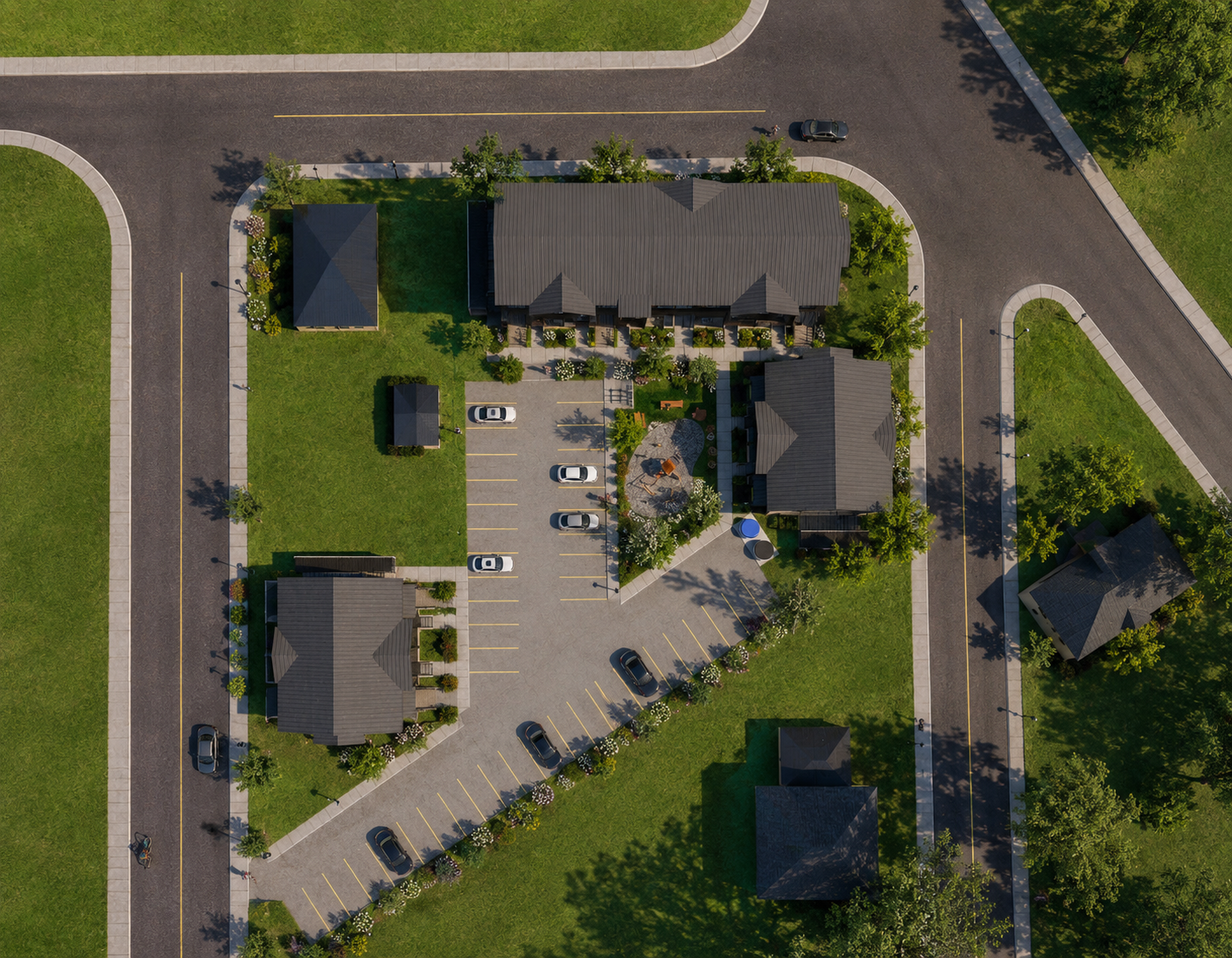 Vue aérienne projet résidentiel champêtre avec aménagement paysager - Nexus architecte