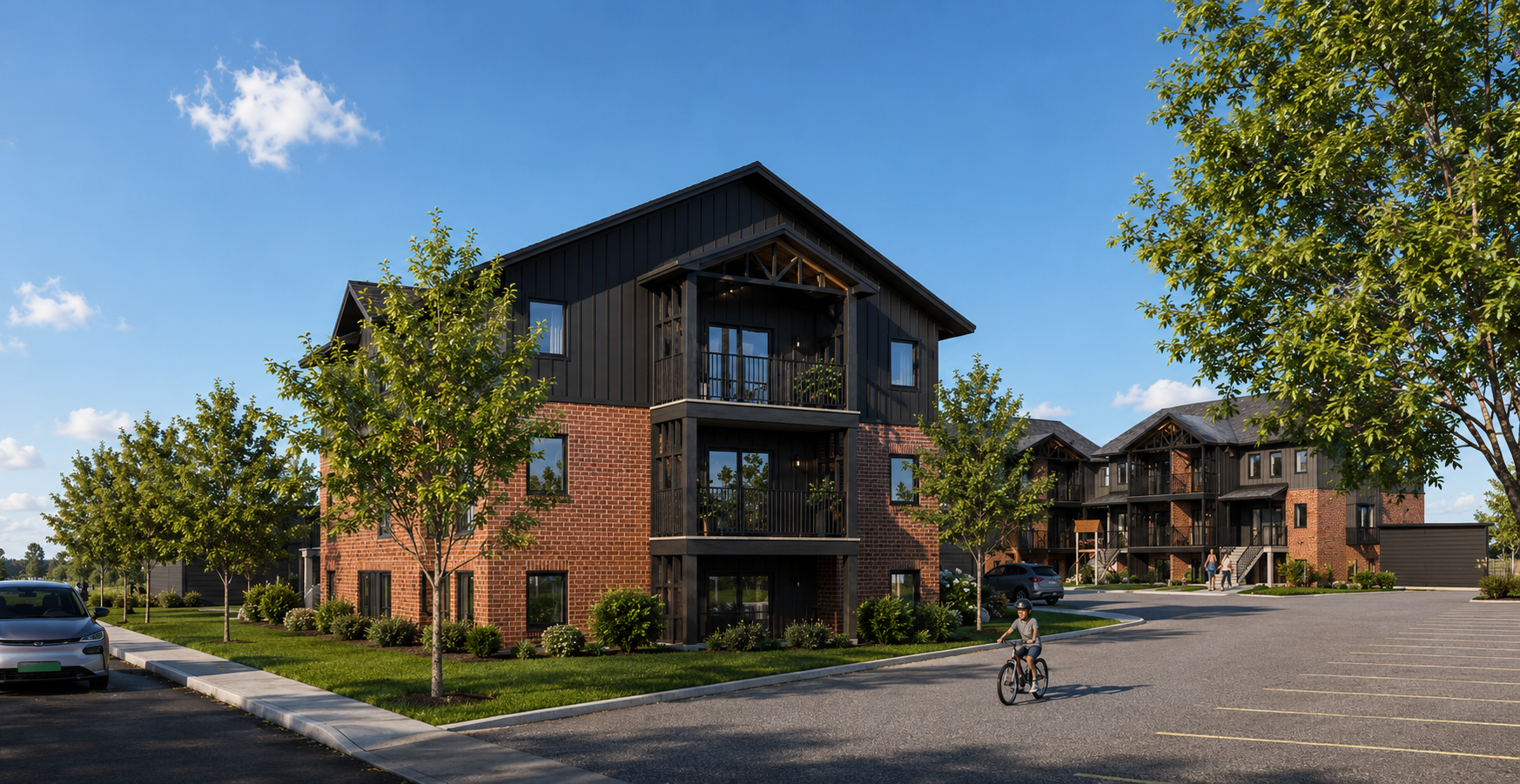 Multilogement style rustique brique et bois avec balcons - design Nexus